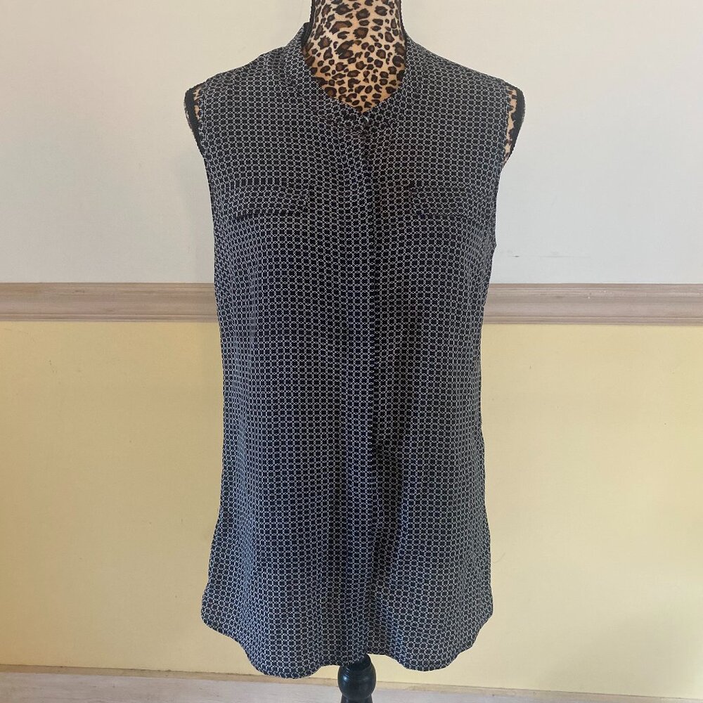 J. McLaughlin Women's Button Down Black White Chain Print Sleeveless‎ Blouse L6